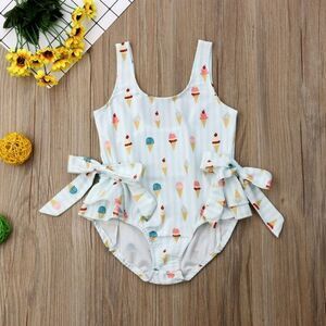 Inevnen Infant Baby Girl Ice Cream Bow Ruffle One Piece Swimsuit, Sz 18-24M